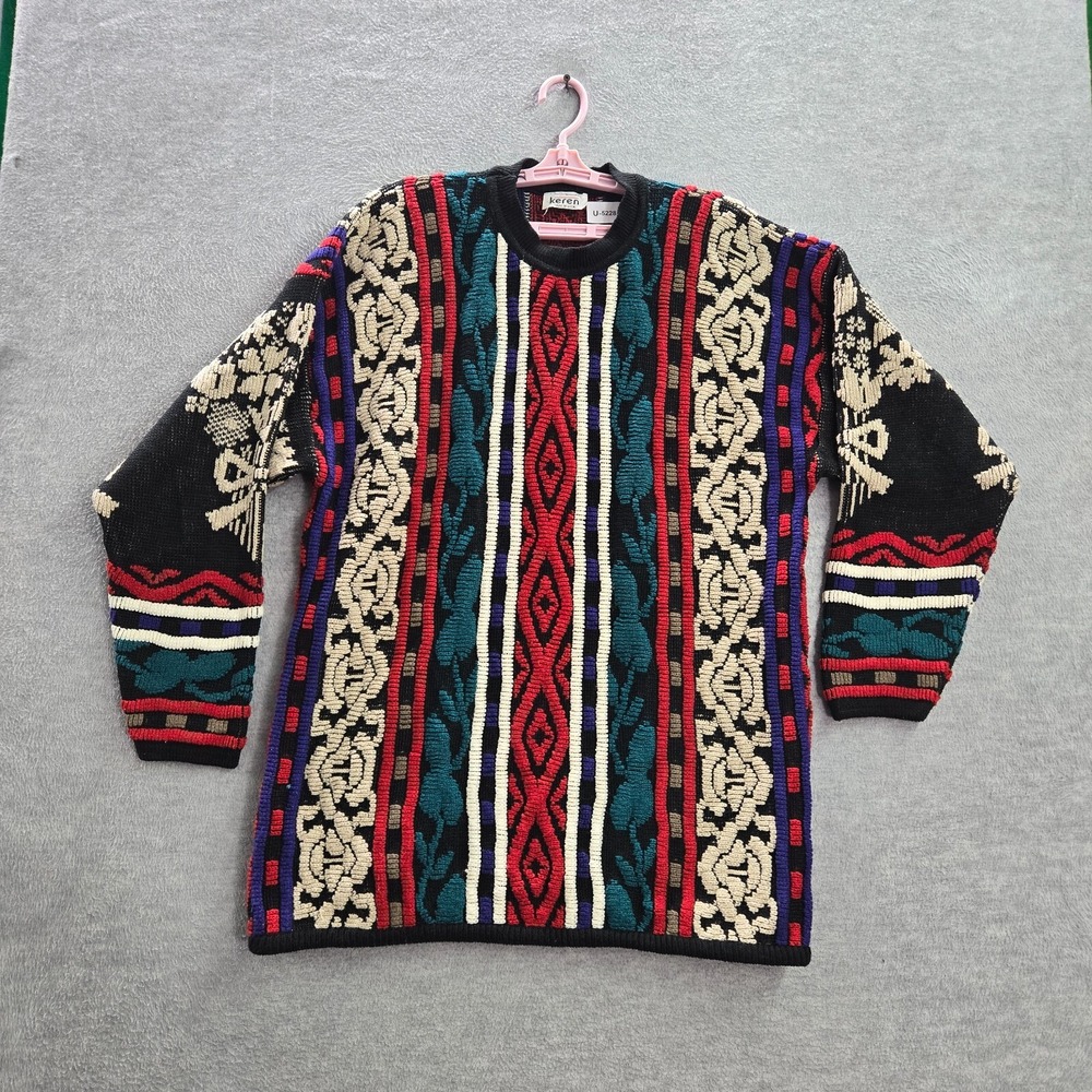 VINTAGE Keren Men Sweater Large Red 3D Knit Geometric Crew Neck 70s 80s USA‎
